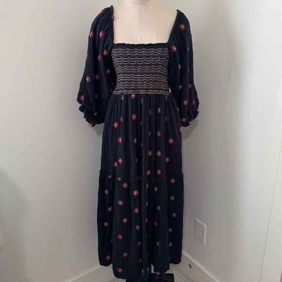 Free People Small Dahlia Black Floral Smocked Midi Maxi Dress ~ Boho Peasant - Picture 2 of 11